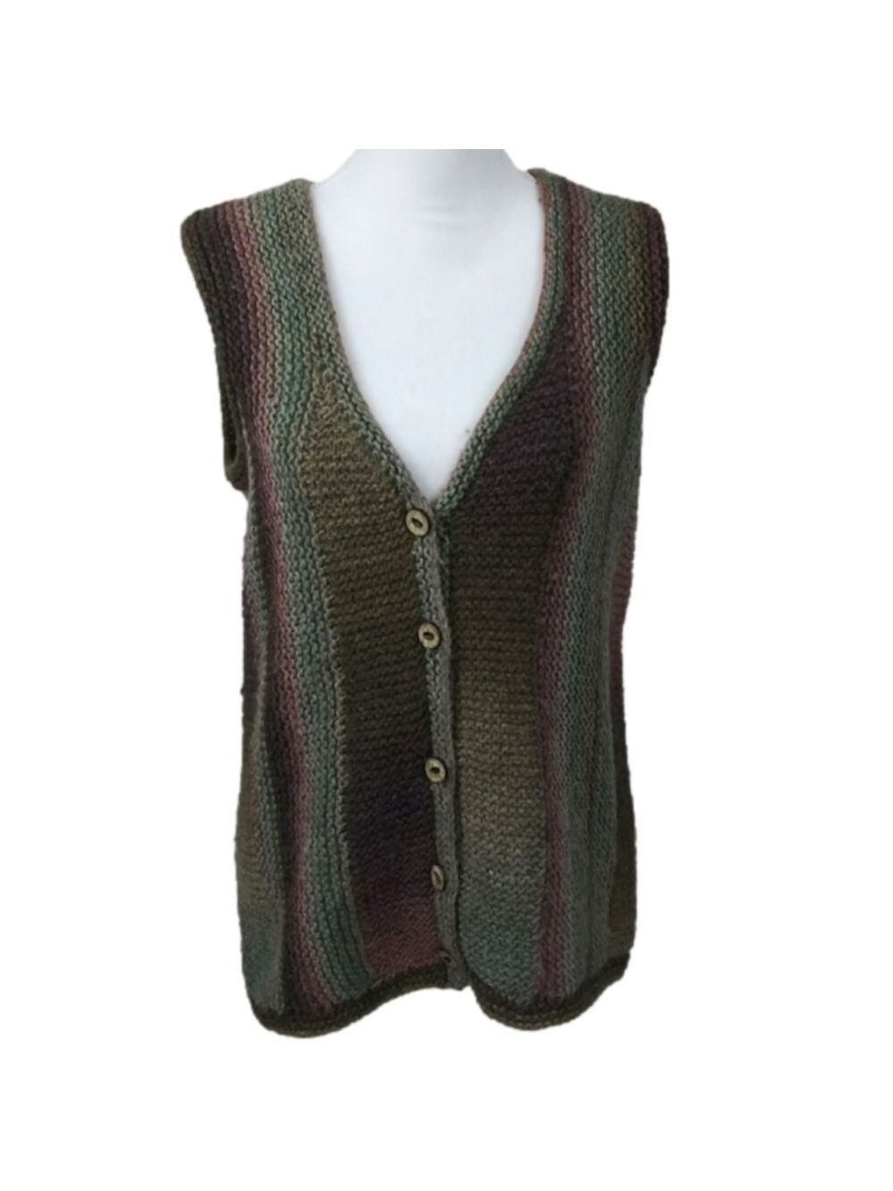 Handmade Brown Multicolor Crochet V-Neck Sleeveless Button Up Cardigan Sweater